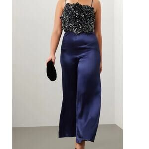 Badgley Mischka Women's Size 10 Deep Blue Sequin Top Silk Pants Jumpsuit